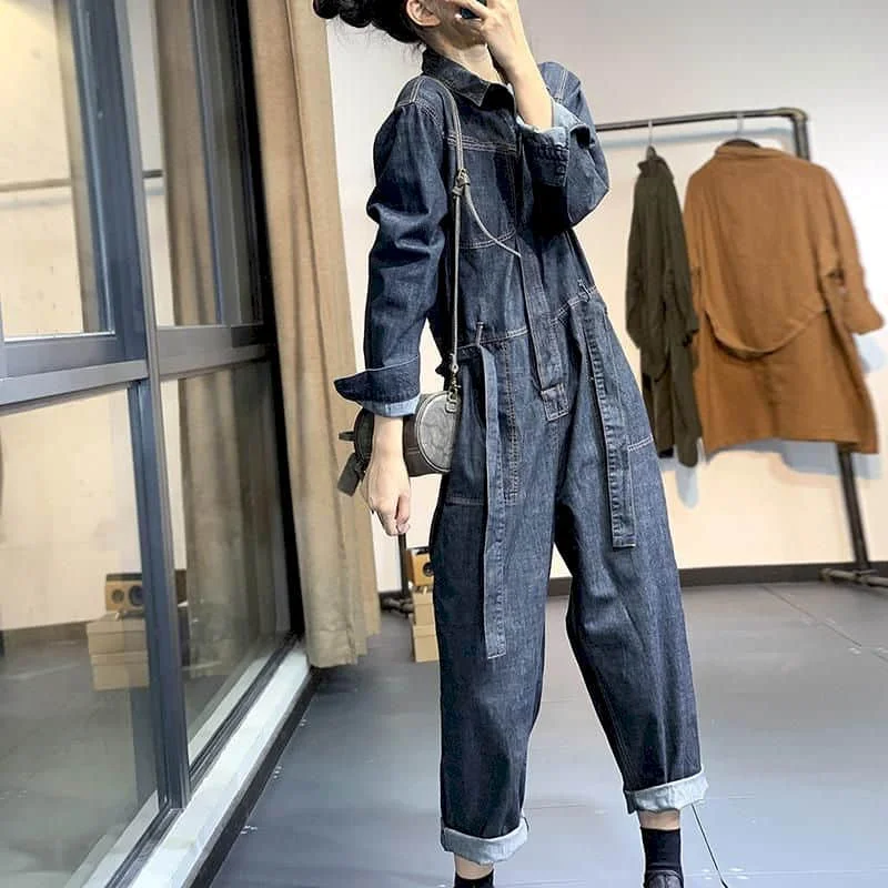 Damski kombinezon dżinsowy oversize z paskiem, długi rękaw, wysoki stan, nowa moda, topy, casualowy strój jednoczęściowy. — zdjęcie 5