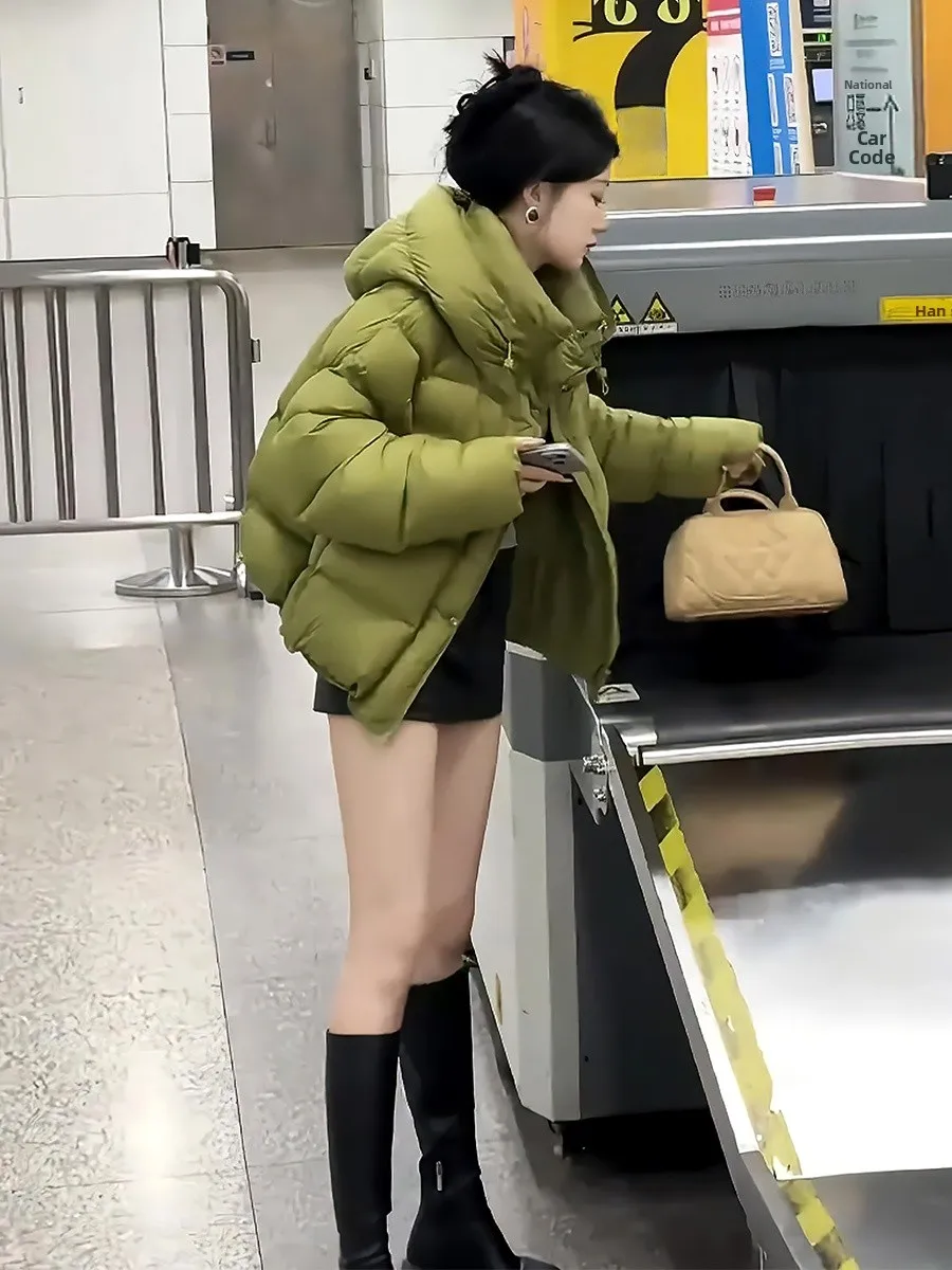 여성용 오트 화이트 다운 재킷 2025년 겨울 신상 따뜻한 코트 트렌디 후드 끈 달린 출퇴근용