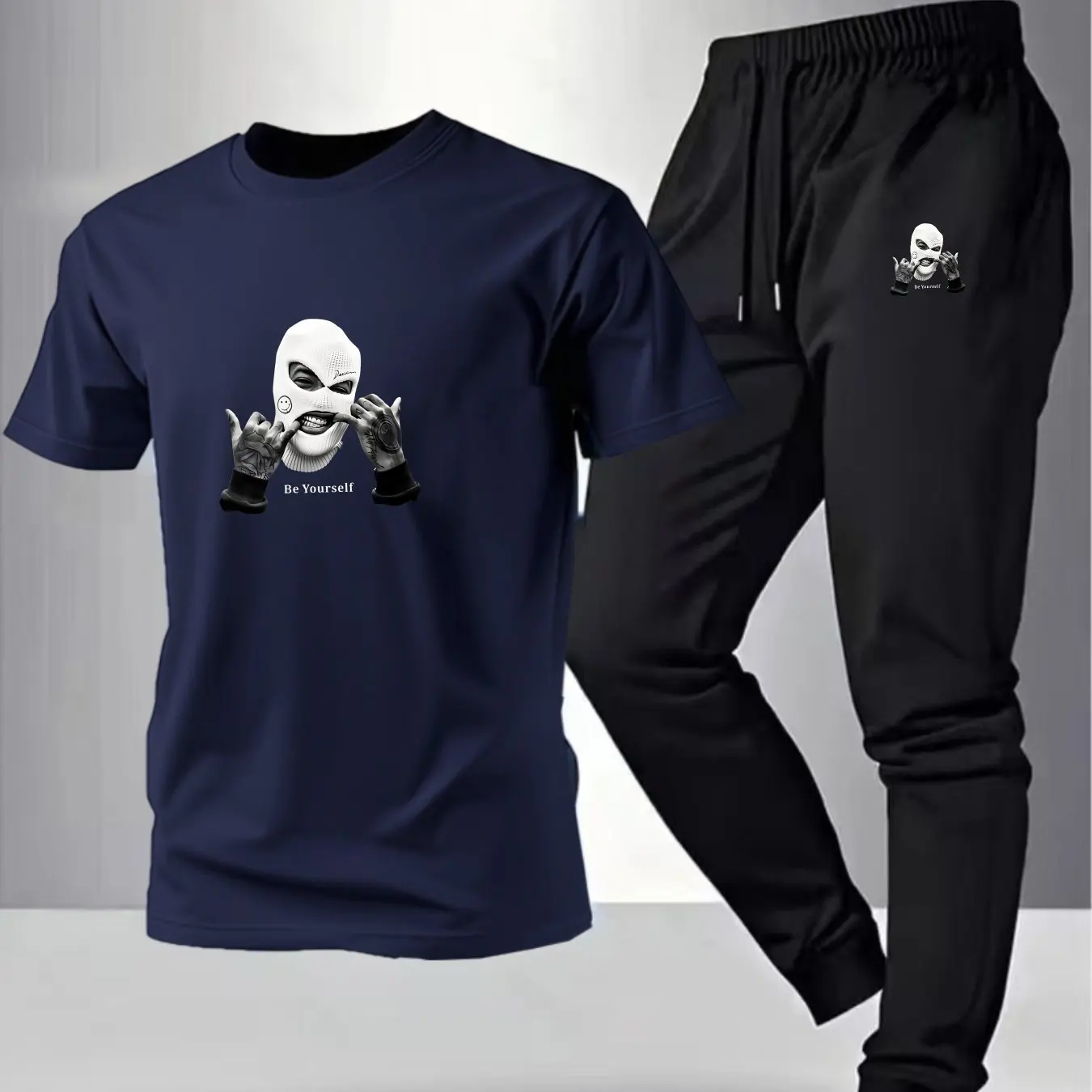 

New style casual fashion two-piece set White mask facepiece with hands and text "Be yourself" on a pure cotton t-shirt and pants
