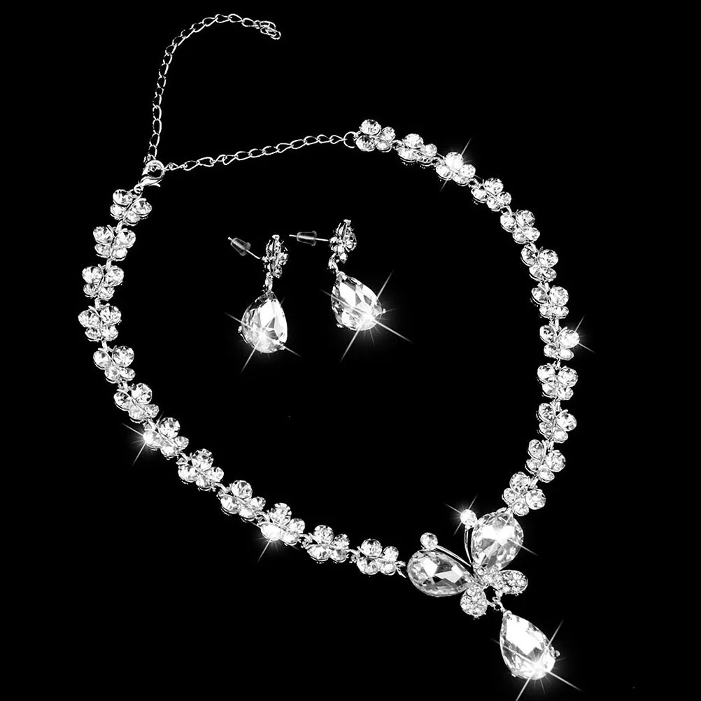 

Silver Rhinestone Necklace Earrings Set Wedding Bridal Jewelry Engagement Party Accessory Rhinestone Wedding Set