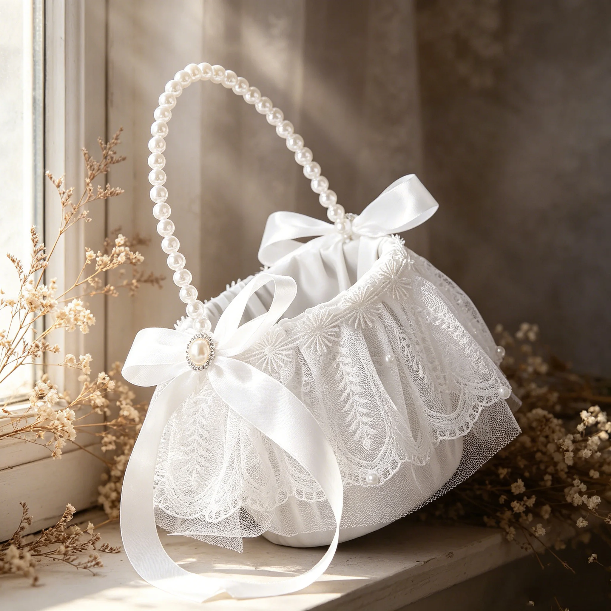 

Elegant natural and fresh style outdoor lawn wedding flower girl with scattered flowers in a flower basket