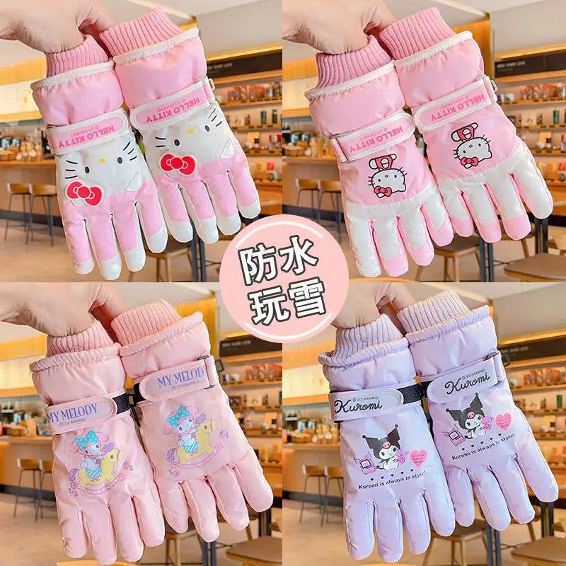 Sanrios Plus Velvet Water Proof Thermal Gloves Child Kawaii Hello Kitty Cartoon Winter Ski Riding Protection From Cold Gloves