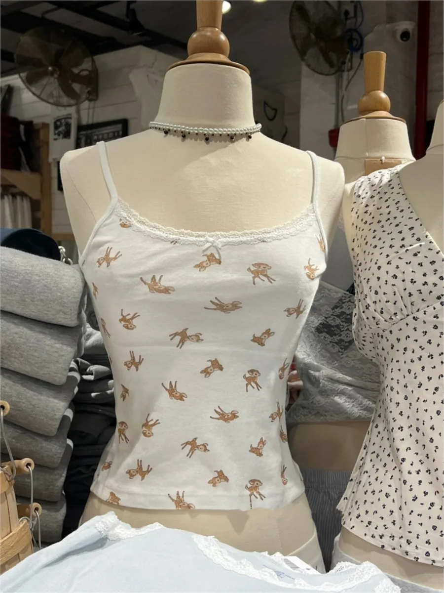 

Милый маленький олень, топы на бретелях с кружевной отделкой, женские летние новые повседневные жилеты без рукавов в консервативном стиле с тонким бантом, милые винтажные майки Y2K