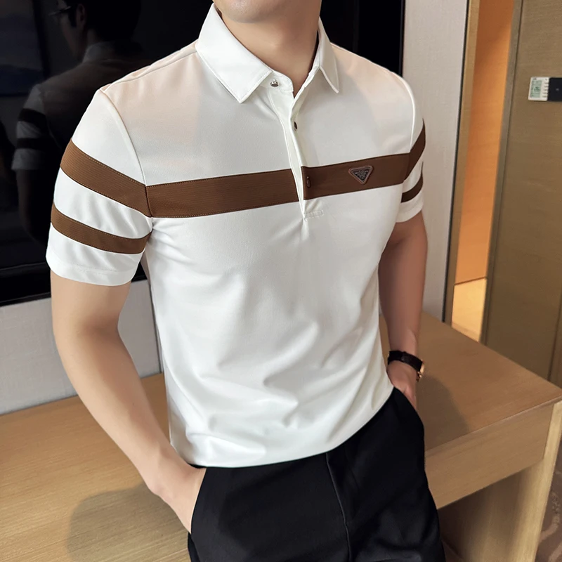 Ice Silk High Elastic Waffle Striped Color Block Polo Shirt for Men\'s Short Sleeved Lapel T-shirt Casual Business POLO Tee Tops