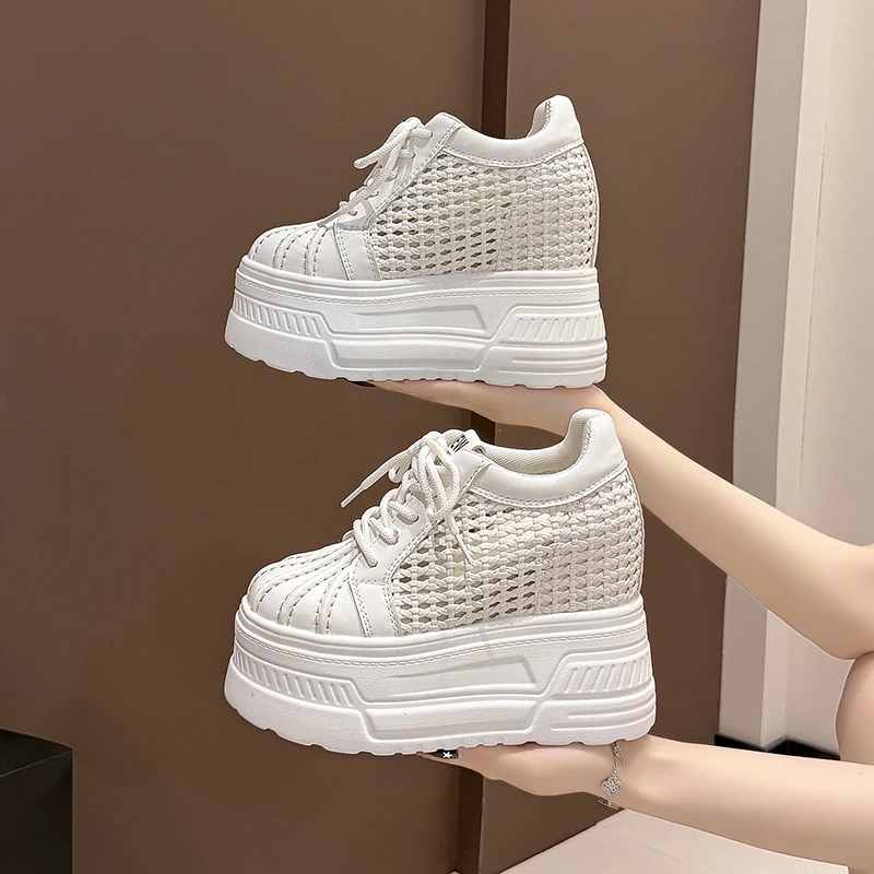 2026 New Summer Women's Leather Sneakers High Platform Lace-up Casual Shoes Hollow out 12CM Heels Walking Shoes Zapatos Mujer view 4