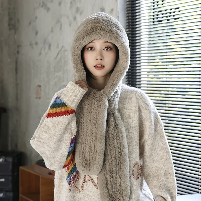 Besfilin Real Rex Rabbit Fur Woven Hat Scarf Integrated for Women,  Keep Warm Ear Protection, Windproof Outdoor, Autumn Winter