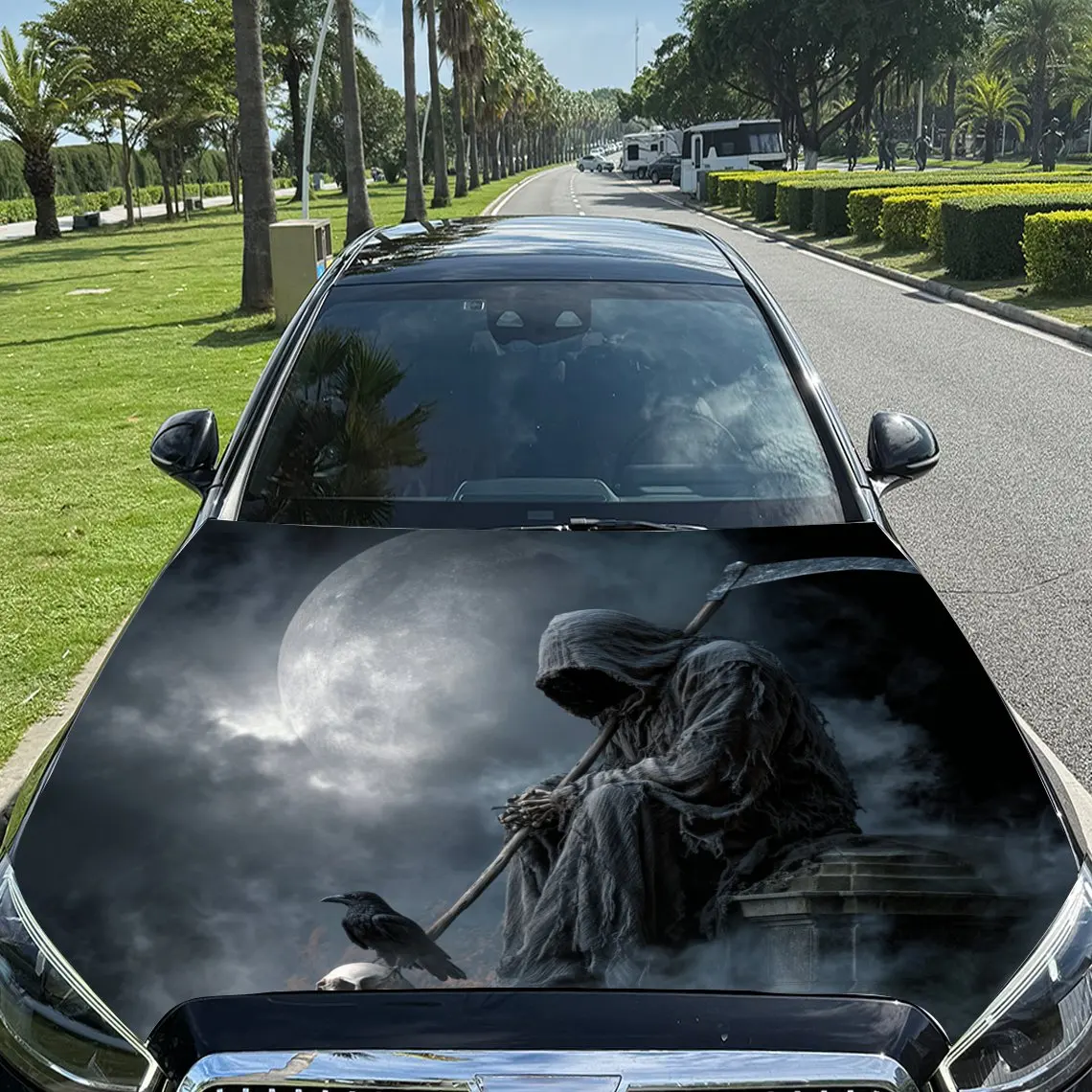 

Gothic Reaper Scene Car Vinyl Wrap, PVC Material Waterproof Car Hood Sticker, Self-Adhesive Scratch-Resistant Stickers for Engin