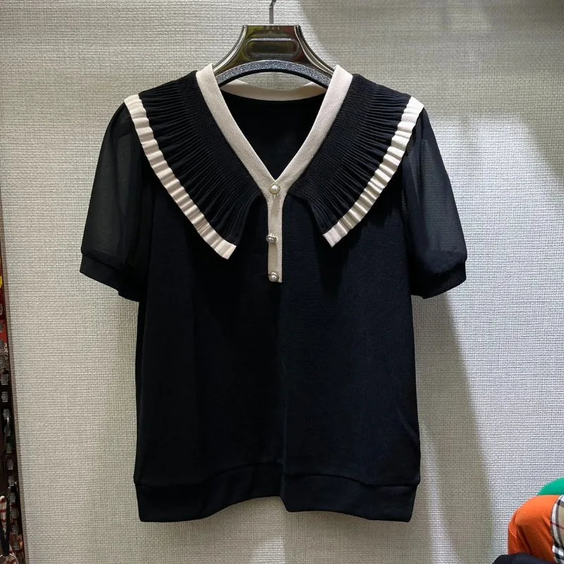 Femme Summer Korean Simplicity Color Blocking V-neck Ice Shreds Short Sleeve Women Clothing Fashionable Pleated Large Size Tops