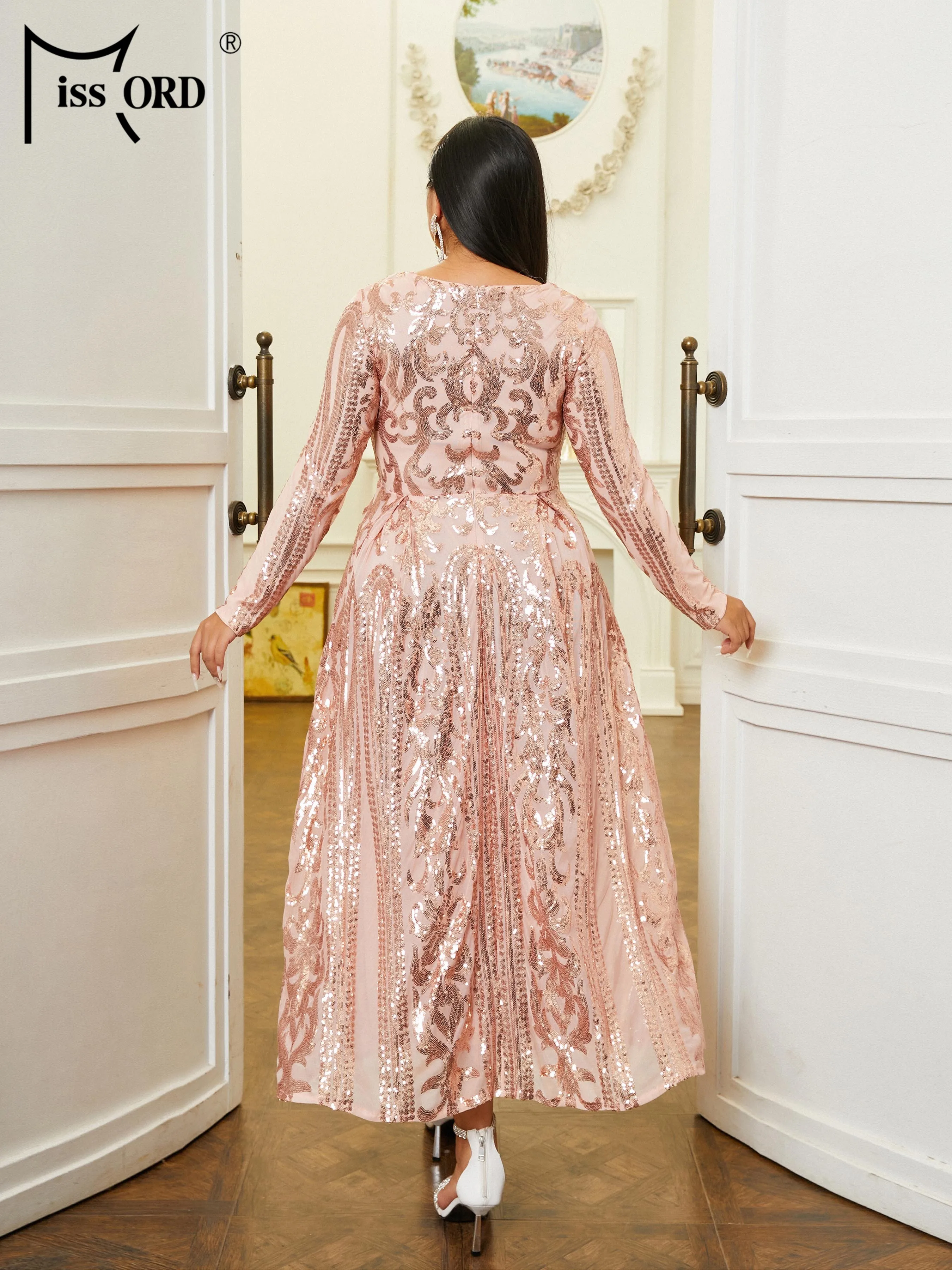 Missord Elegant Rose Gold Sequin Plus Size Party Dresses Women Long Sleeve V Neck Loose A-line Midi Prom Dress Cocktail Gown