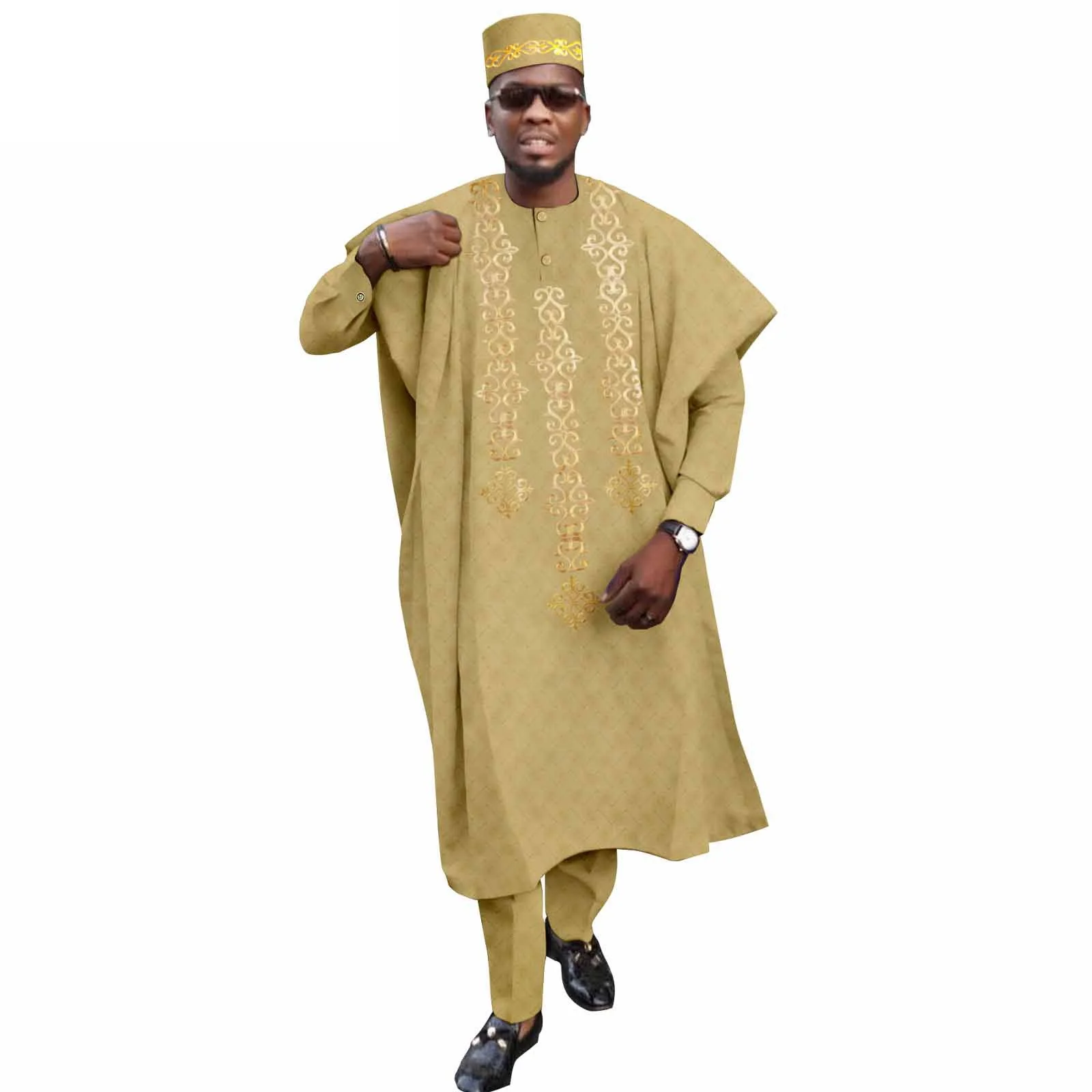 African Clothes for Men Tradition Wedding Party Clothing Bazin Robe Embroidery Ankara Pants Hats 4 Pcs Set Dashiki Nigeria