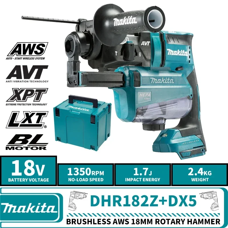 Makita-Ferramentas elétricas de lítio sem fio sem escova, DHR182Z, AWS, 18mm, martelo rotativo, 1.7J, 18V