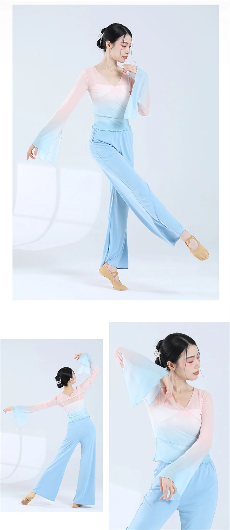 Klassischer Tanz, Mesh-Top, ausgestellte Ärmel, Farbverlaufsrampe, V-Ausschnitt, elegante Damen, moderner Tanz, durchsichtig, Eiskunstlauf-Ballett-Shirts – Detail 5