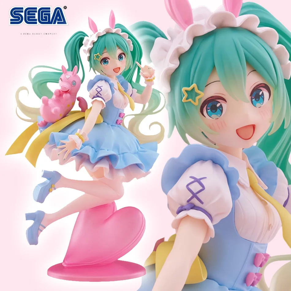 Hatsune Miku Hasenohren PVC-Figur Sammlerstück Anime-Charakterfigur mit Rosa Spielzeugzubehör und Herz-Basis