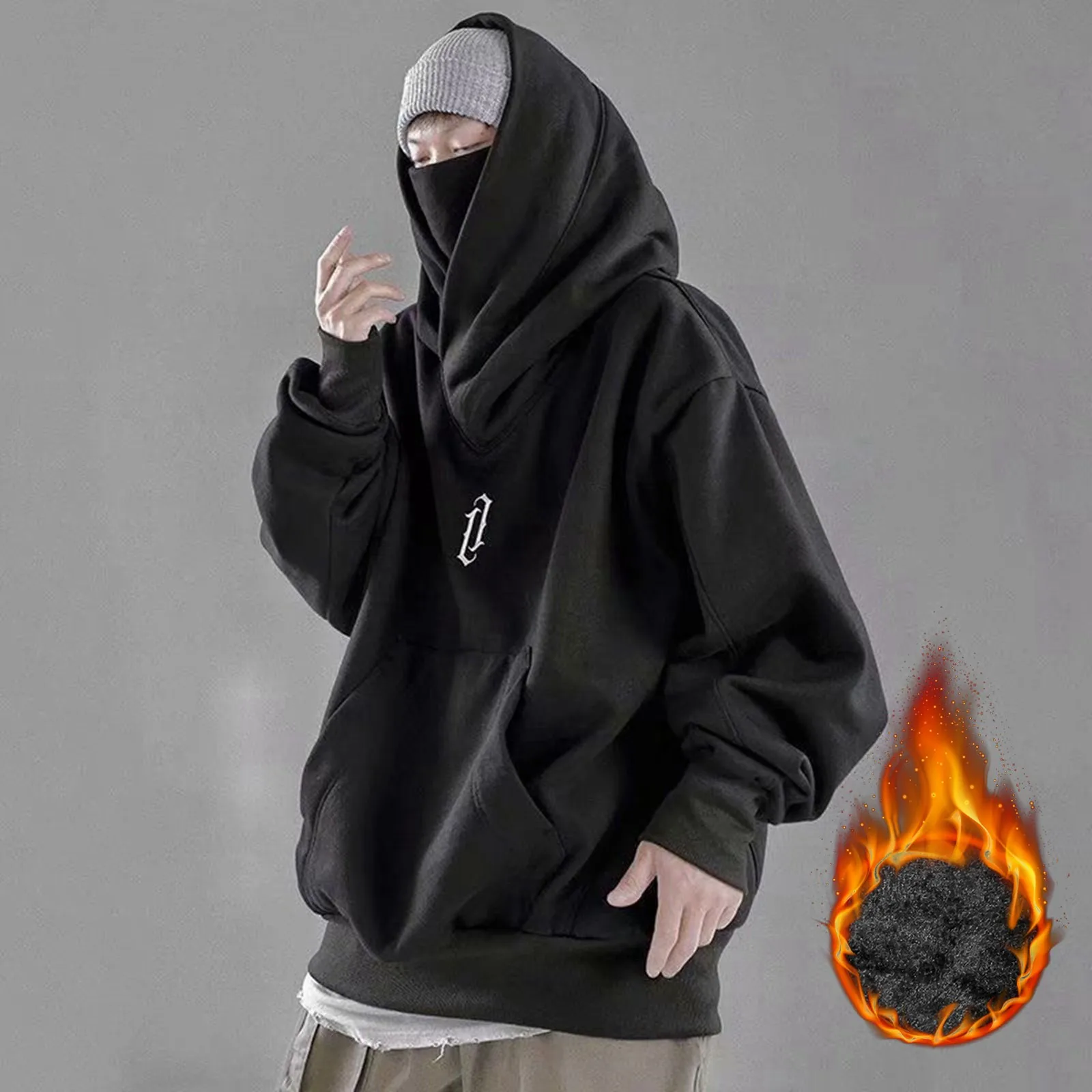 

Men Autumn High Collar Hoodie Pullover Loose Coat Tops Harajuku Hip Hop Gothic Outwear Streetwear Y2k Fleece Hooded Sweatshirt