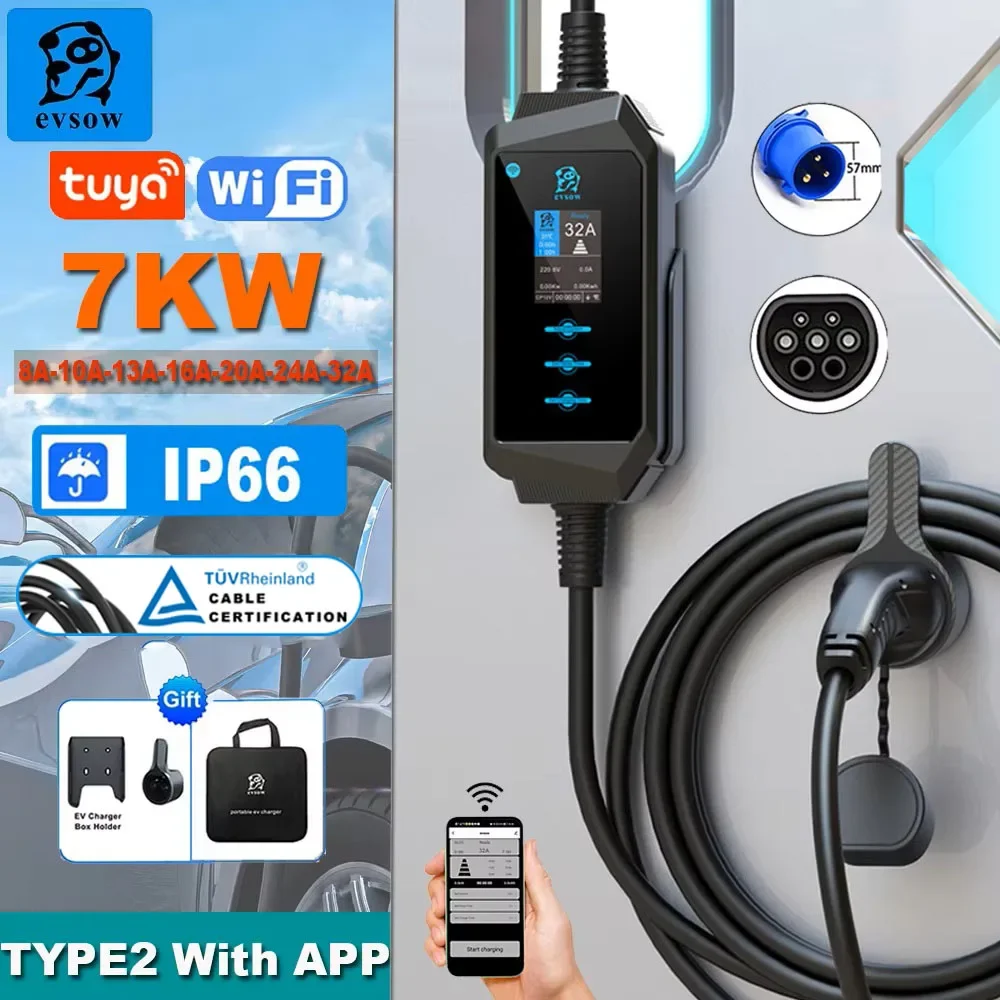 evsow 7KW 32A EV Charger Type2 Electric Car Charger Work With Tuya Wifi Fast Charging For Electric Vehicle Wallbox Station 5M