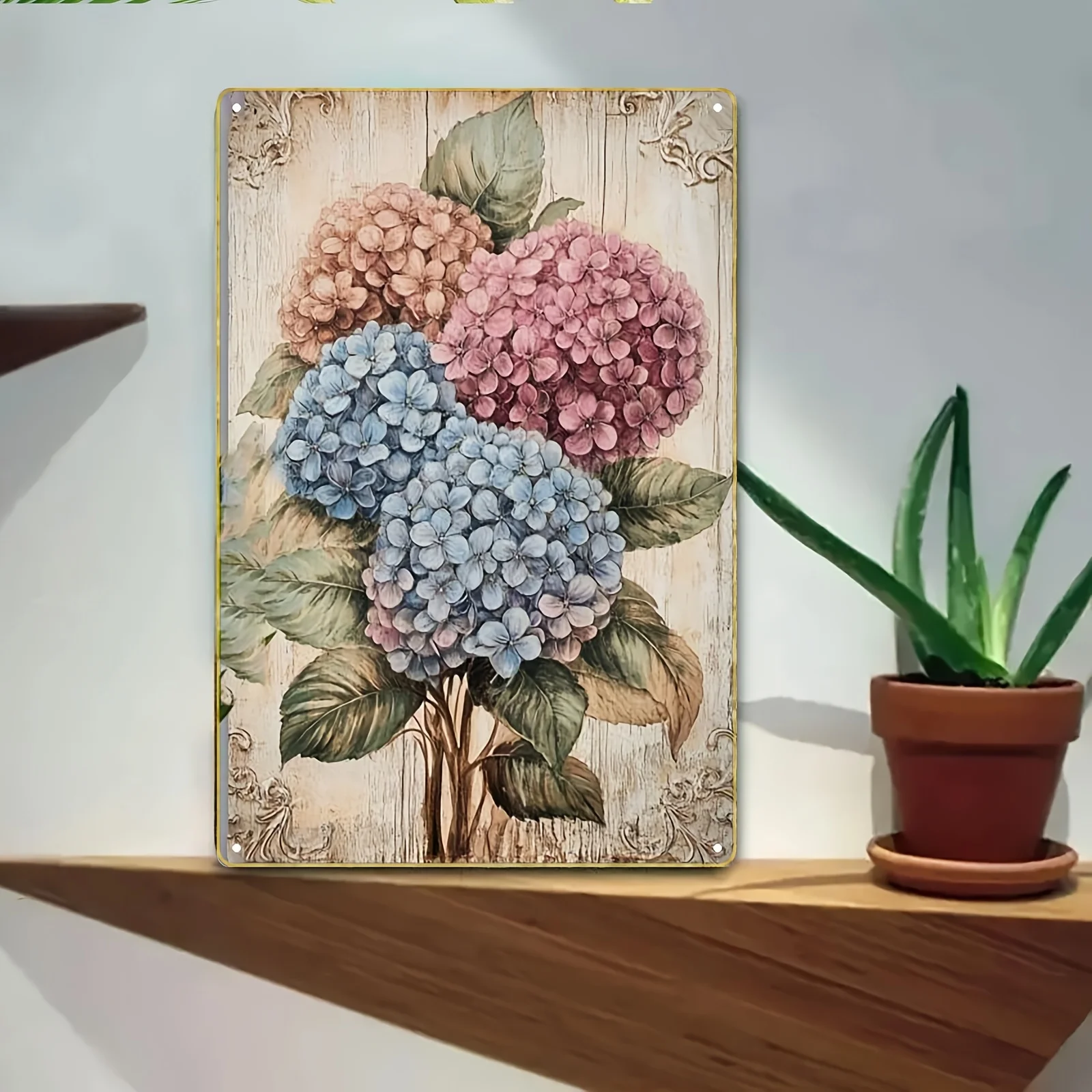 2D Flat, 1pc of 2D Metal Iron Sign with a Design Featuring Hydrangeas, Green Leaves, and an Ornate Border. Size: 20*30cm/8*12inc