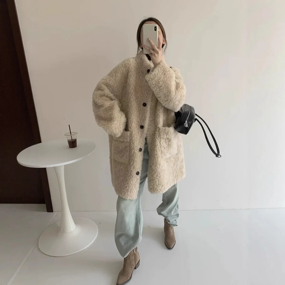 100% Lambhair Casual Style Winter Fur Integrated Fur Coat Women's Standing Collar Medium Long Style