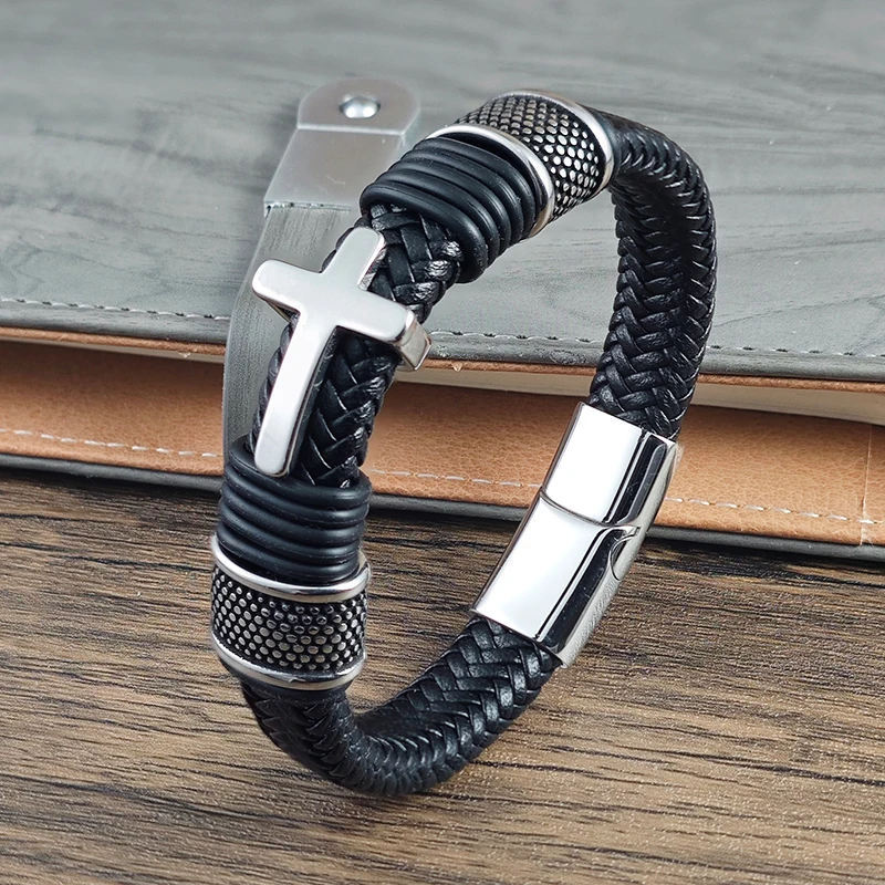 

Luxury Cross Design Black Leather Magnetic Bracelet Mature Stable and Elegant Giving The Best Gift for Men's Bracelet Jewelry