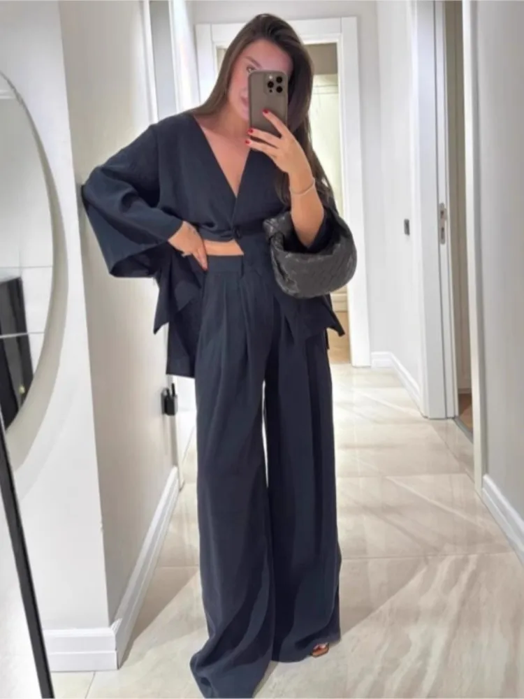 캐주얼 여성 린넨 루즈 셔츠 팬츠 세트 패션 싱글 브레스티드 블라우스 와이드 레그 팬츠 수트 여름 여성 2피스 의상