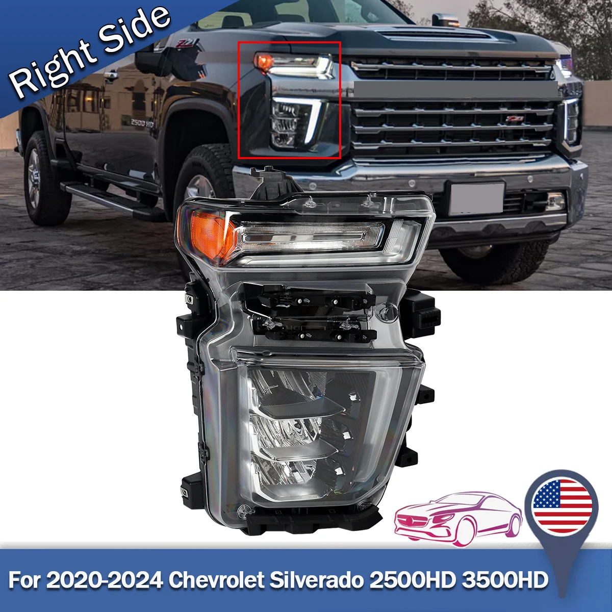 Full LED Headlight Assembly For Chevrolet Silverado 2500HD 3500HD LTZ 4-door 2020~2023 Car Right Side Head Light Plug and Play