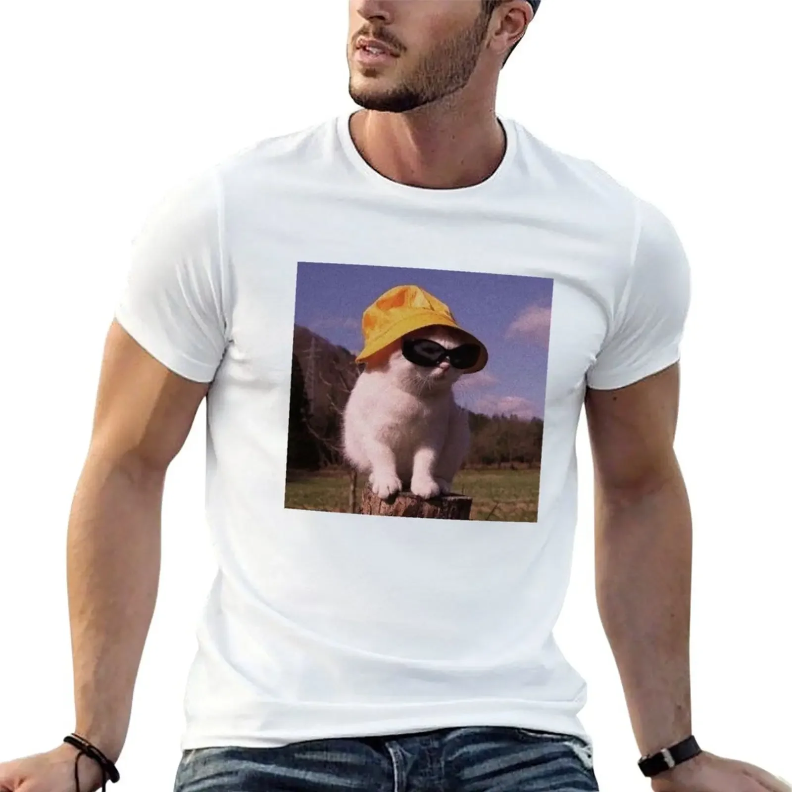 Cat using hat and sunglasses T-Shirt graphic t shirt vintage anime tshirt oversized graphic tee black t shirts for men