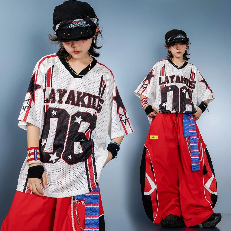 

Boys Hip Hop Costumes Street Dance Print T Shirt Red Baggy Pants Cool Hip Hop Dance Clothes Set Group Jazz Stage Show Costume