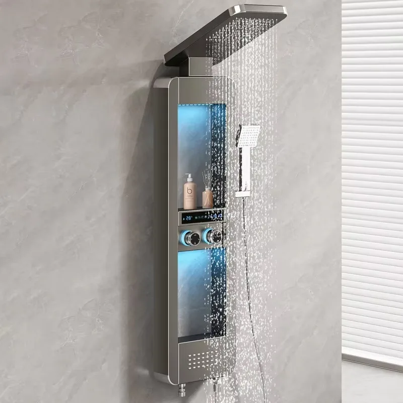 

2026 Smart Home Bathroom Shower Set with Built In Storage Soft Spray Pattern Brushed Metal Finish for Hotels Rain Massage Panel