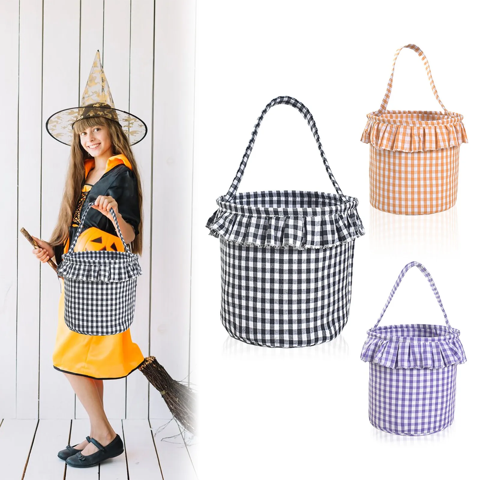 Halloween Gingham Tote Candy Bags With Gossip Jute Canvas Storage Bucket Portable Trick Or Treat Handbag Kids Party Gift