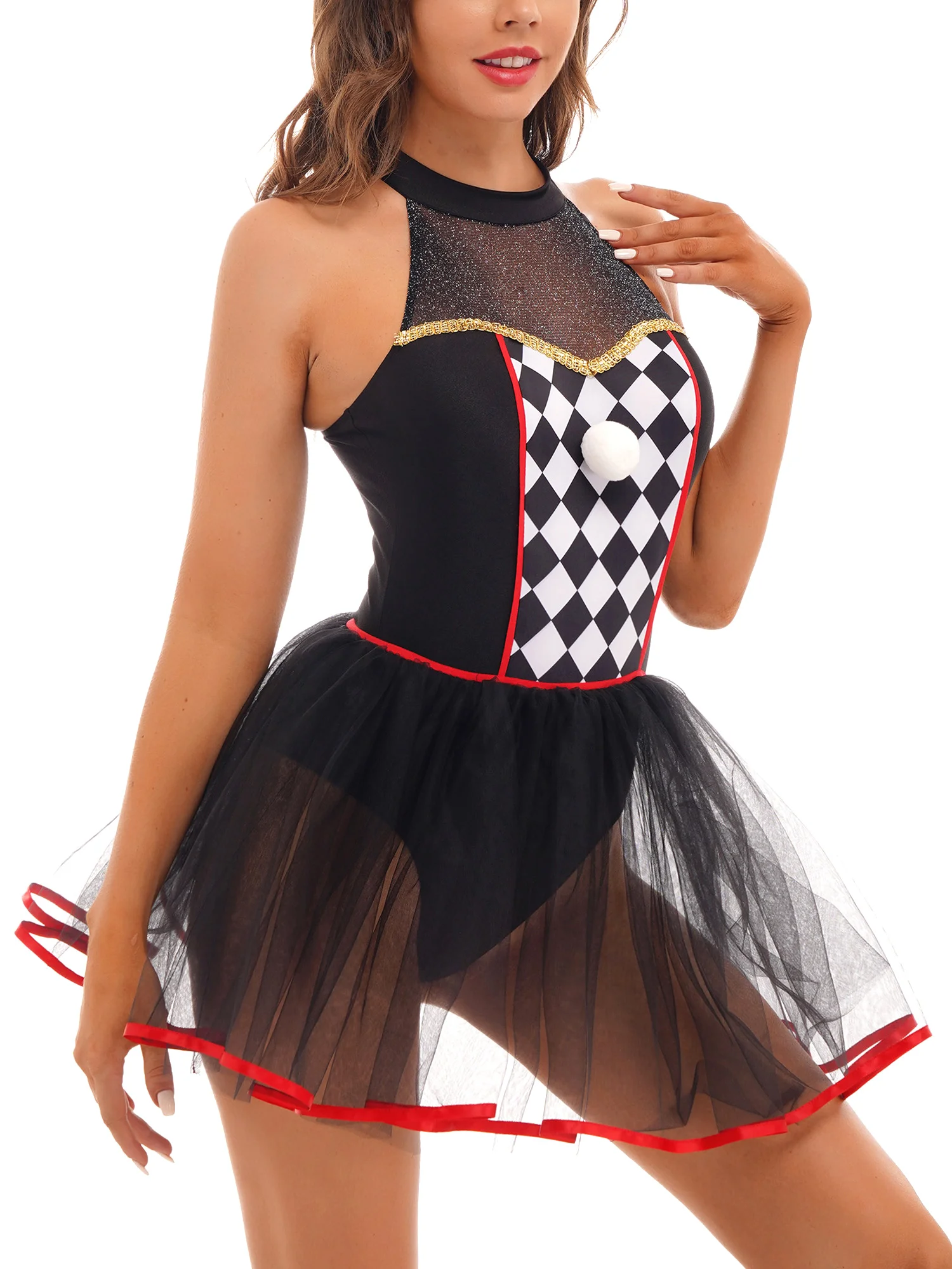 Women's Twisted Clown Halloween Costume Creepy Circus Halter Cutout Backless Mini Tutu Dress Crazy Clown Performer Fancy Dress