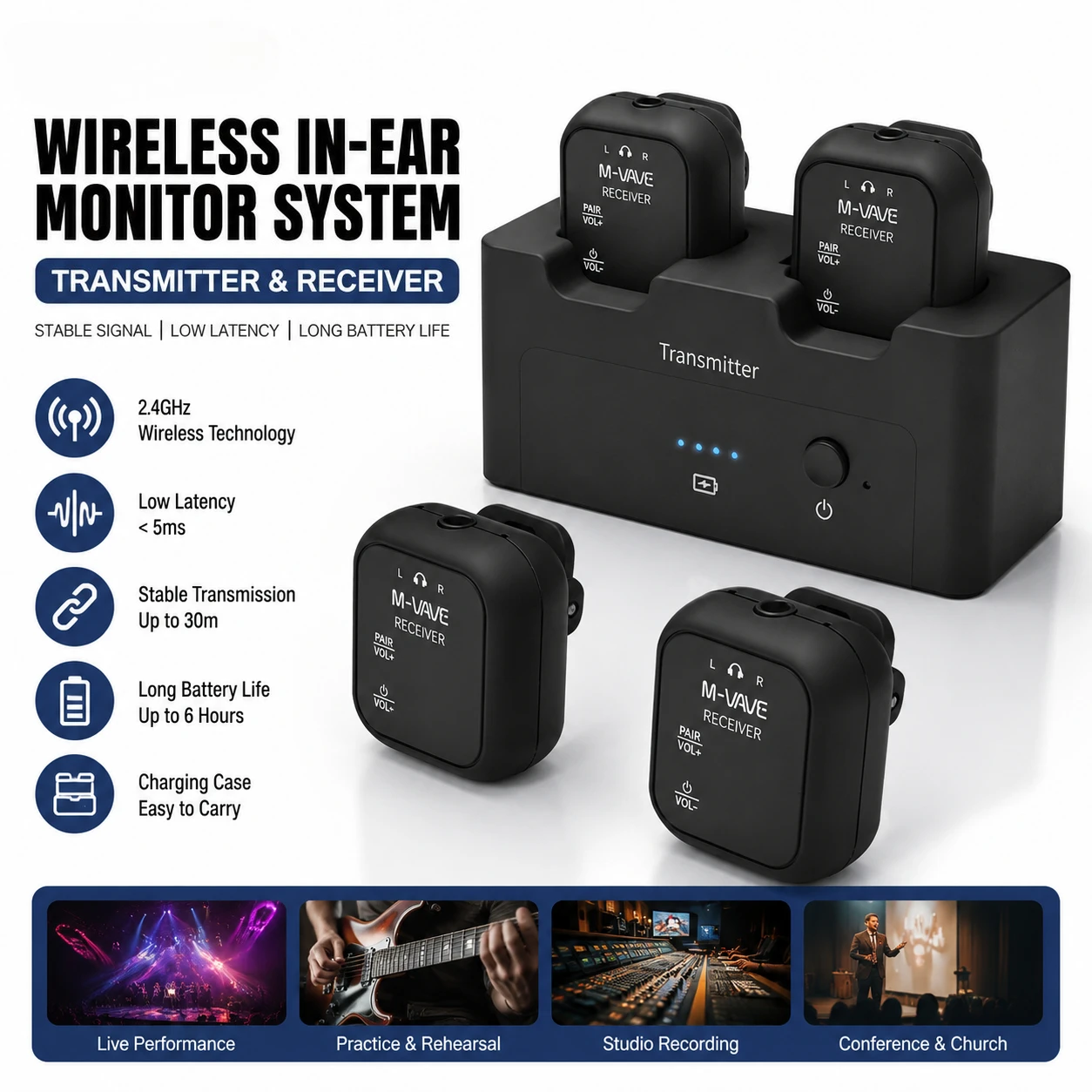 M-VAVE WP-12 Wireless Earphone Monitor System  2.4GHz 1T2R System w/Ultra-Latency 24H Playback 1800mAh Charging Case