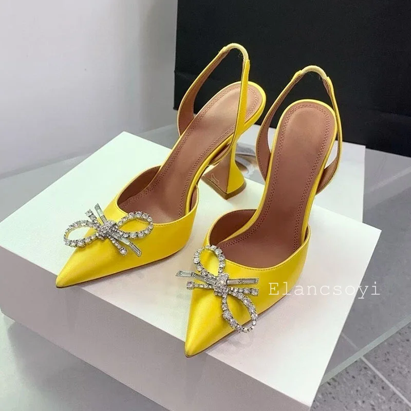 Pointed Toe High Heels Women Pumps Crystal Bow Satin Sandals Summer Cup Heels Back Strap Sandalias Sexy Party Banquet Shoes view 3