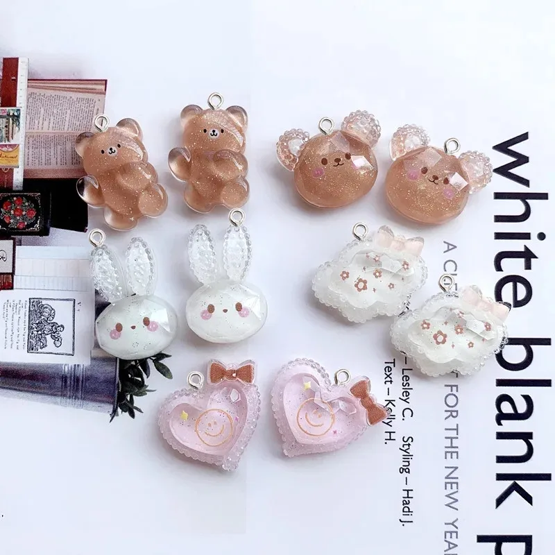 10Pcs Crystal Small The Bear Rabbit Resin Pendant DIY Earrings Necklace Pendants Bracelet Keychain Decoration Flat Back Resin