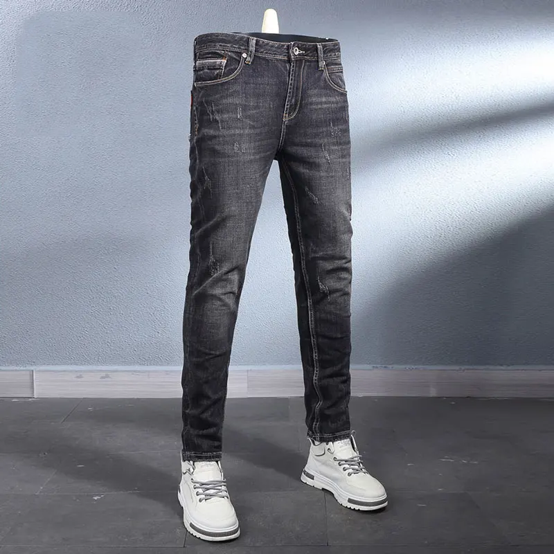 

Newly Fashion Designer Men Jeans Retro Black Gray Stretch Slim Fit Ripped Jeans Men Italian Style Vintage Denim Pants Hombre