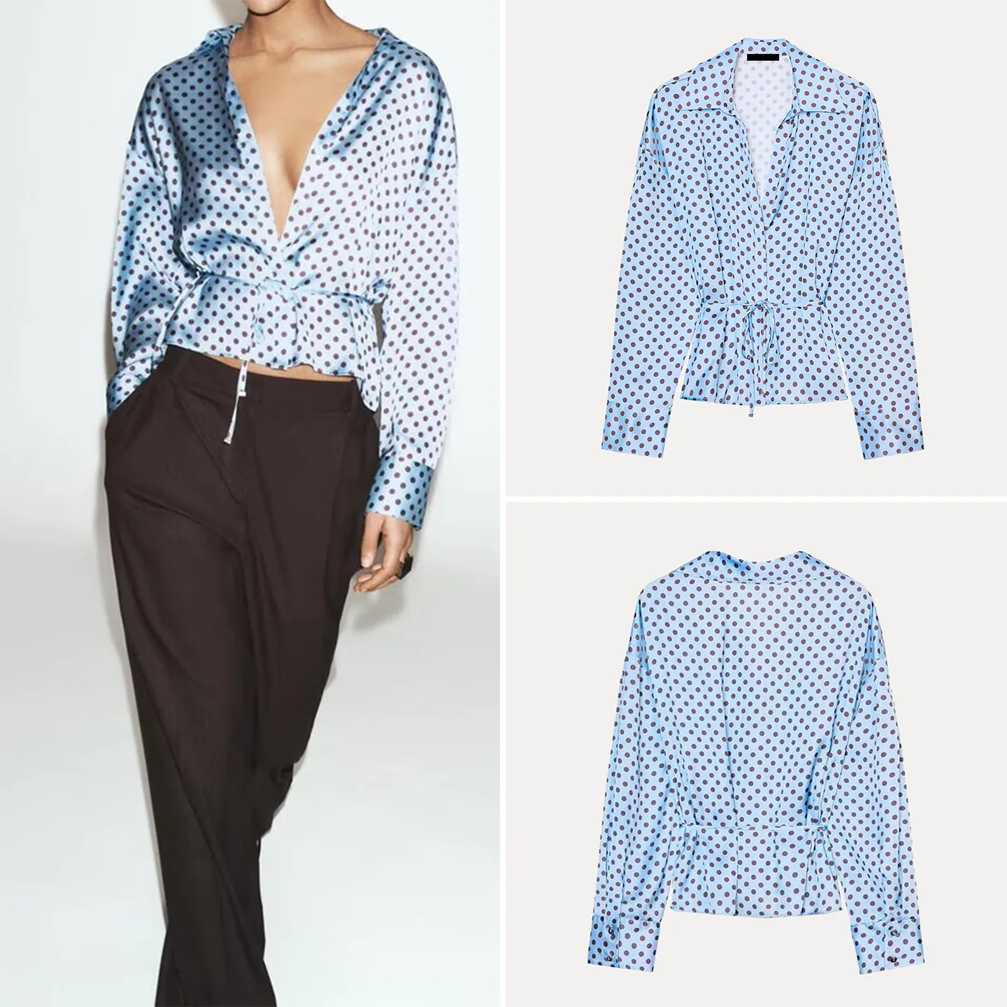 

Модная женская атласная рубашка с длинным рукавом, весна 2026, новый стиль, с воротником, с поясом, свободного кроя, с принтом в горошек, устойчивая к деформации