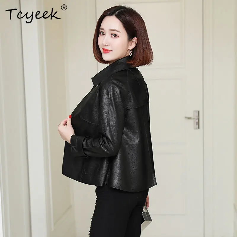 Tcyeek 양피 봄 가을 트렌디 스퀘어 넥 블랙 짧은 여성 정품 가죽 자켓 Jaqueta De Couro Legítimo Feminina