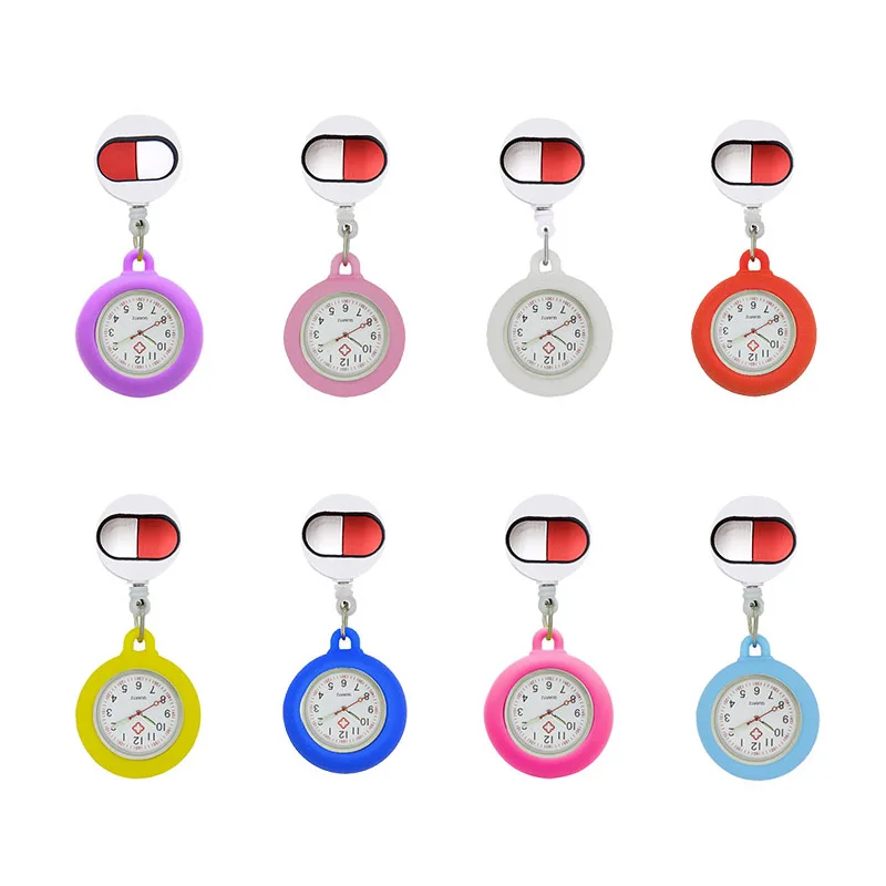 YiJia Cartoon Pill Clip Pocket Watch for Nurse Retractable Badge Reel Cartoon Medical Reloj with Silicone Case