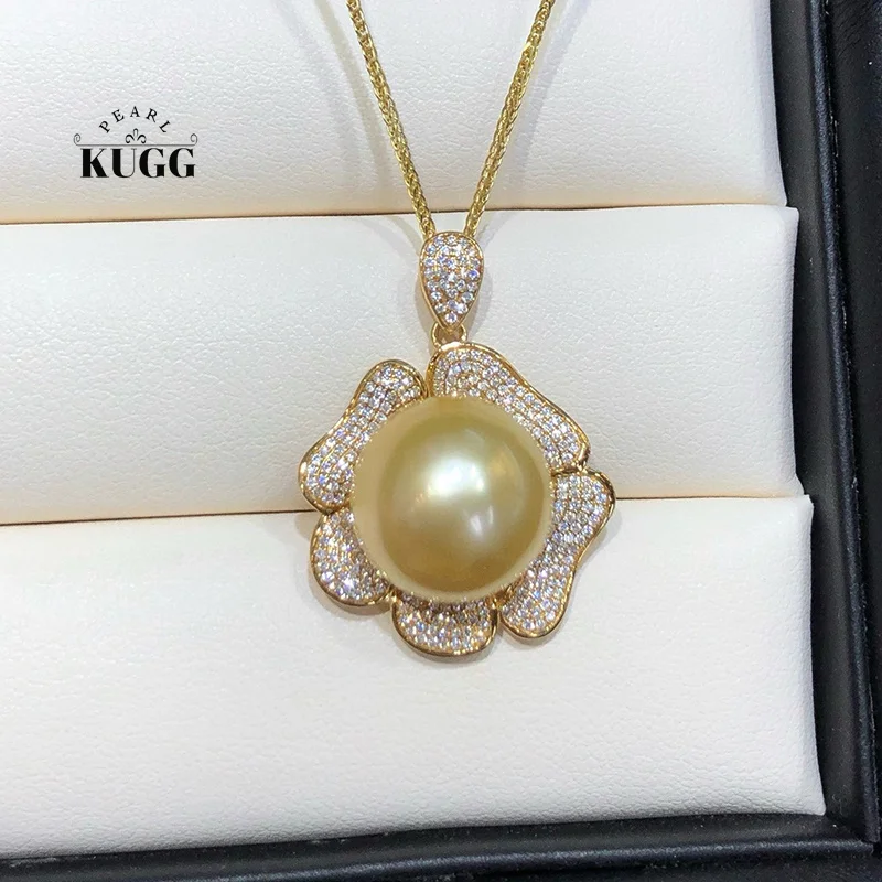 KUGG PEARL 18K Yellow Gold Pendant Luxury Flower Shape Shiny Diamond 13-14mm Natural South Sea Gold Pearl Pendant for Women