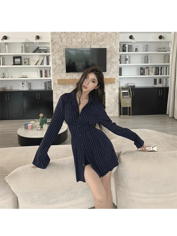 Women Vintage Classic Striped Design 2 Pieces Outfit Lapel Long Sleeve Slim Tunic Shirt+Female A-line High Waist Mini Shorts