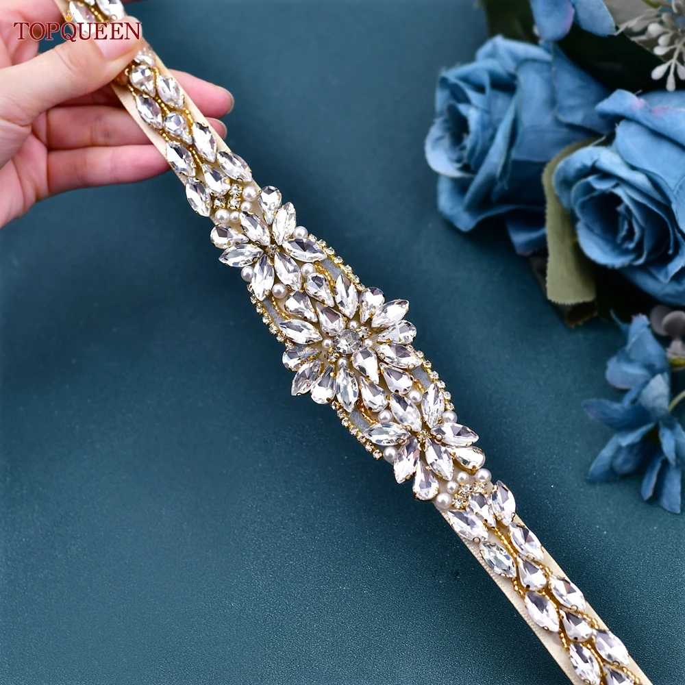 TOPQUEEN Wedding Belt Luxury Gold Rhinestone Belt Female Diamond Girlfriend Ribbon Wedding Belt S131