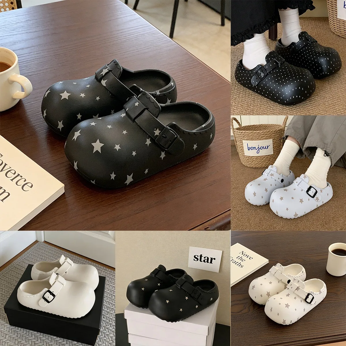 Summer New Platform Slippers for Women Fashion Buckle Star Dot Soft EVA Color Blocking Closed Toe Slippers Outdoor Beach Shoes