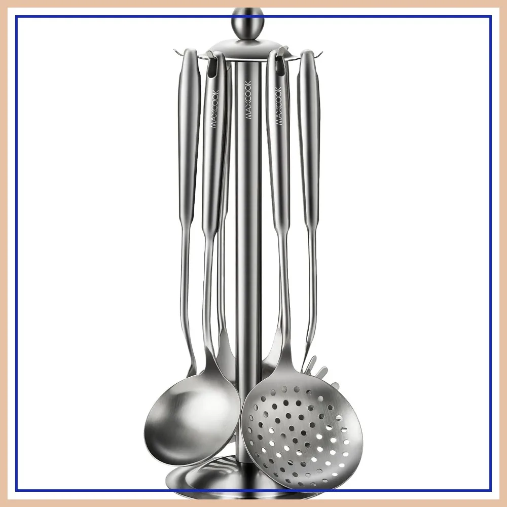 

18/8 Stainless Steel Kitchen Utensils Set, 7 Pieces with Rotating Holder, Heat Resistant & Dishwasher Safe Cooking Spoons