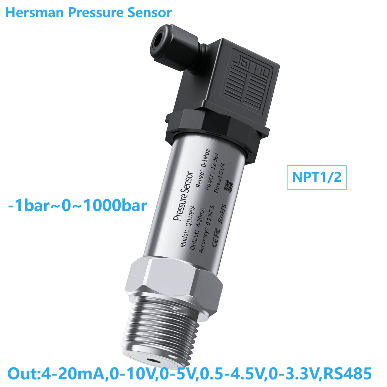 NPT1/2 Gas Oil Pressure Sensor Transmitter 30bar 80bar 100bar 160bar 500bar Pressure Gauge 0-10V 0-3.3V Pressure Sensor RS485