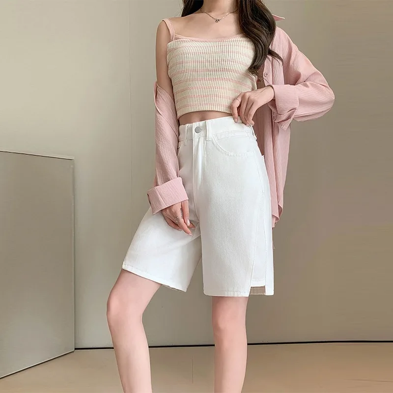 Solid Color Denim Shorts Women Summer High Waist Loose Thin Straight Leg Trousers Office Lady Versatile Casual Shorts Female