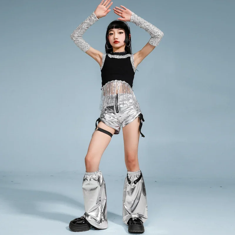 Hip Hop สาว Sequined Tassels Crop Tops ร้อนสั้น Street Dance กระโปรงเด็ก K-pop Streetwear เด็กแจ๊สเสื้อผ้าชุดเครื่องแต่งกาย