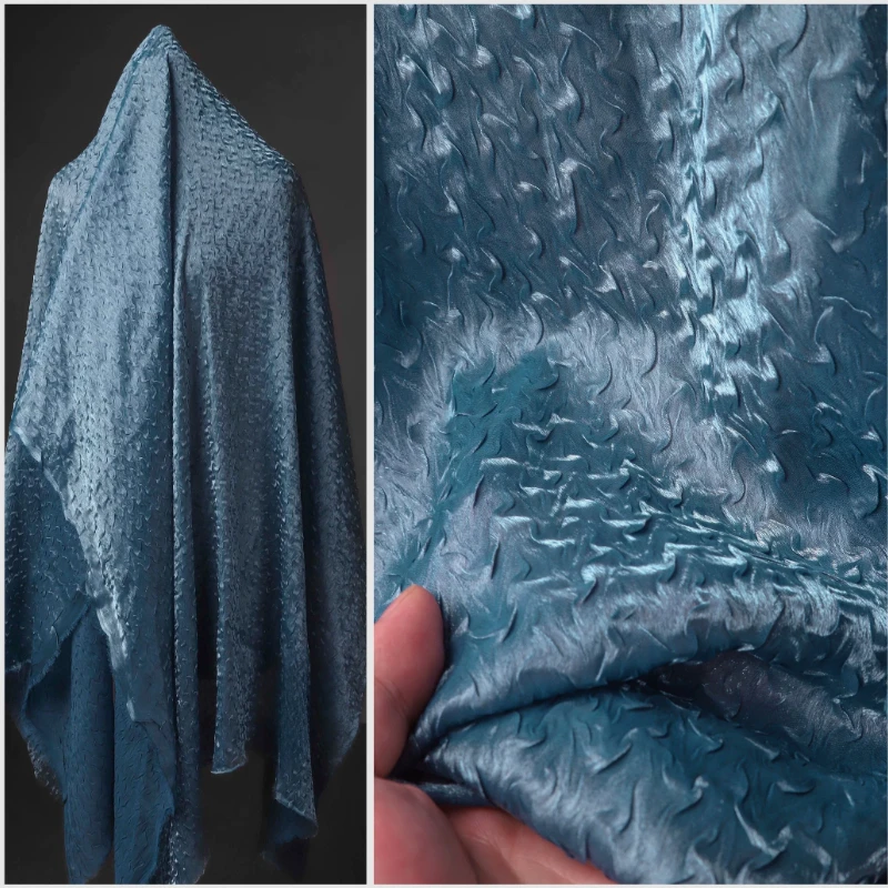 Faux Silk Crinkled Chiffon Fabric Blue Water Ripple Fish Scale Pleated Iridescent for Skirt Designer DIY Sewing Accessories