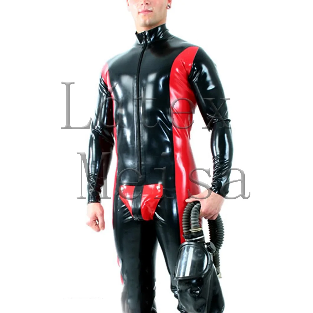 Male's latex long sleeve latex bodysuit attached front zip to belly and ass main in black with red trim color