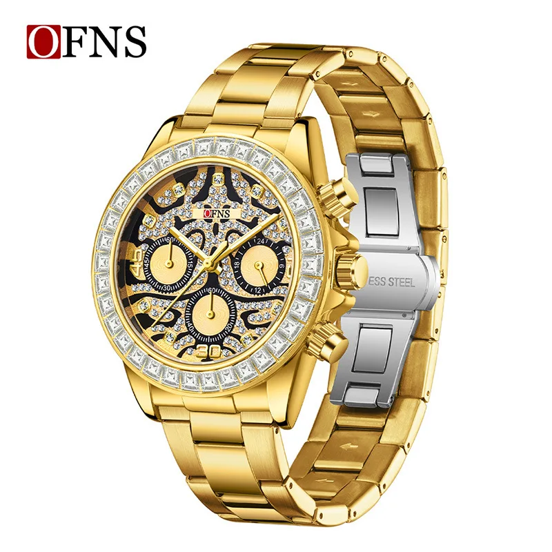 OFNS brand hot selling quartz watch multi-functional three-eye six-hand quartz watch diamond set watch