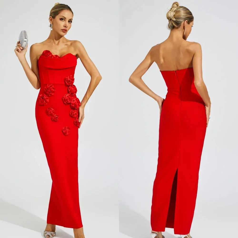 

Customized Modern Style Fashion Jersey Handmade Flower Pleat Mermaid Strapless Ankle Length Dresses Bespoke Occasion Dresses