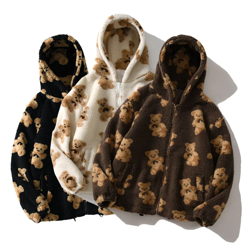 Otoño Invierno mujer Sudadera de lana con capucha estampado de oso de dibujos animados bolsillo con cremallera felpa Casual de felpa