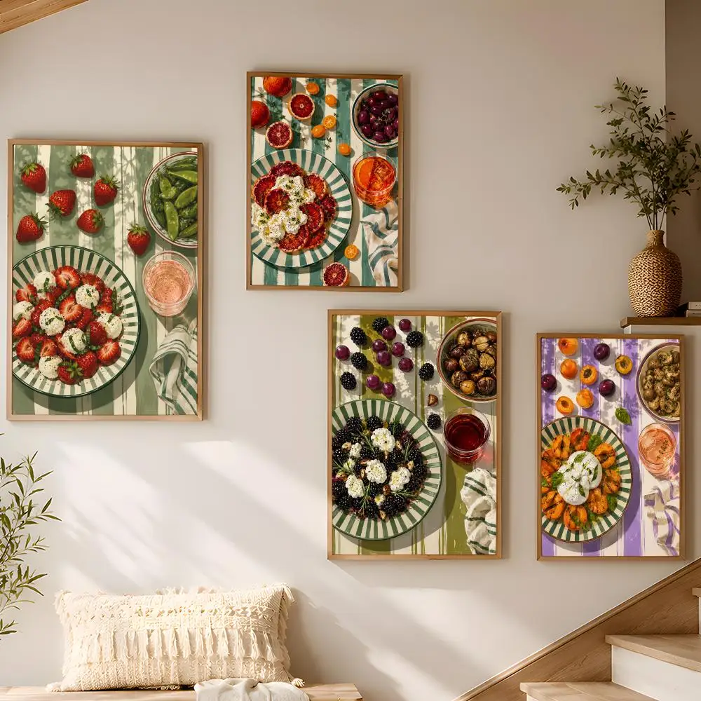 Mediterranean Tabletop Feast Poster Stickers Painting Self-Adhesive HD Art for Bedroom Living Room Home Decor Wall Decals Gift